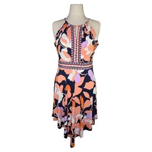 London Times Petites Halter Floral Dress 12P Navy Coral Handkerchief Hem